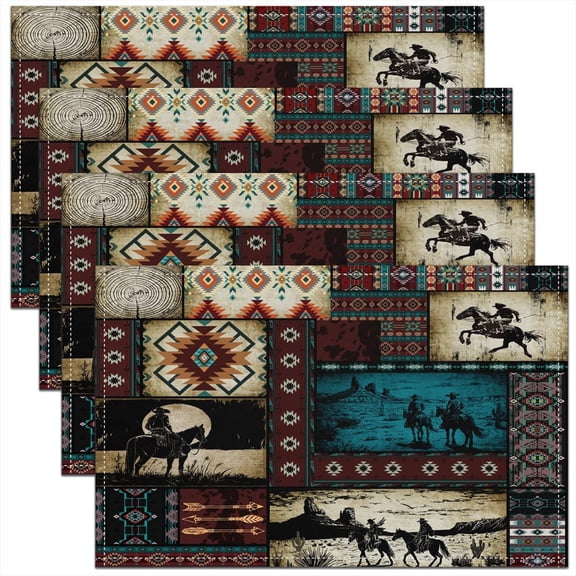 Western Cowboy Placemats Set of 4 12"x18" Wild West Rustic Southwestern Table Mats Placemat Exotic Plaid Geometric Placemats for Dining Table Indoor Outdoor Kitchen Decor Table Place Mats