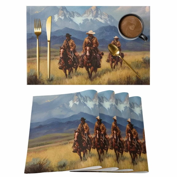 Western Cowboy Placemats Set of 4 Mountain Sky Grass Nature Scenery Place Mats Indoor Wipeable Table Mats Washable Cloth Dining Table Placemats for Kitchen Holiday Party Home Decor 13x19 Inch