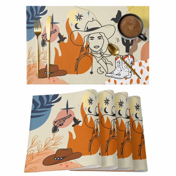 Western Cowboy Placemats Set of 1 Cowgirl Cactus Animal Leaf Boho Vintage Heat Insulation Washable Place Mats, Rustic Non-Slip Table Mats for Dining Table Party Kitchen Decor,13x19 Inch