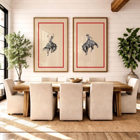 Western Cowboy Poster Set Red Border Bucking Bronco Rodeo Wall Decor Home Decor Office Wall Art Set 2