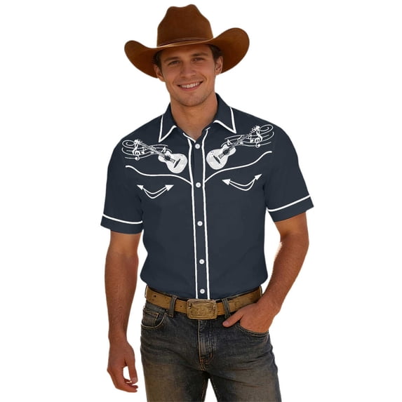 Western Cowboy Print Short Sleeve Button Down Shirts for Men Casual Camp Shirt Classic Yoke Design Navy XXL