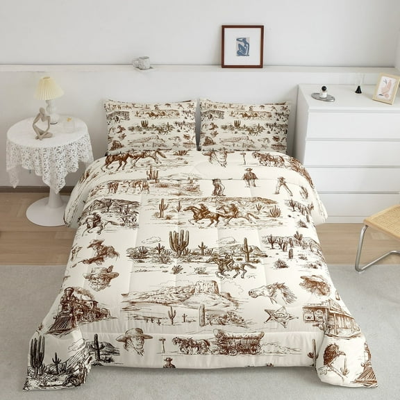 Western Cowboy Queen Bed Comforter Set American Wild West Desert Bedding Men Youth, Hand Drawn Sketch Illustration Comforter Set Rustic Country Western Decor Duvet Insert 3 Pieces