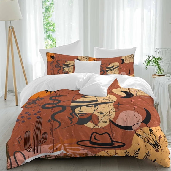 Western Cowboy Queen Size Comforter Set, Cactus Cowgirl Animal Leaf Sun Boho Orange Bedding for All Seasons, 4 Pcs Bed Set, 1Quiltcover (90"x92") ,1Sheet(94"x116"), 2Pillowcases (30"x20")