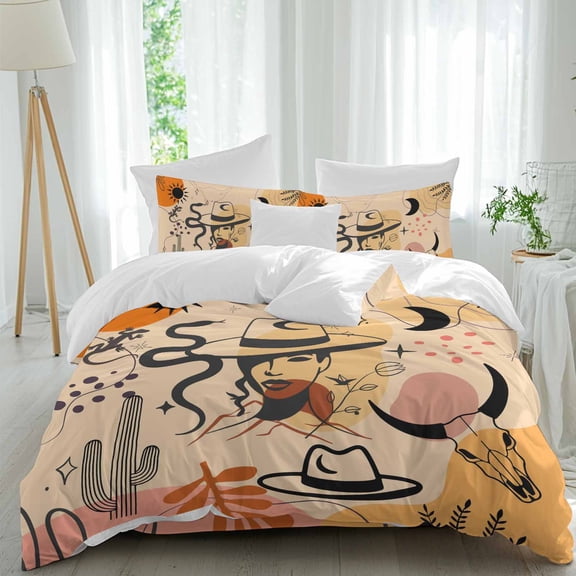 Western Cowboy Queen Size Comforter Set, Cowgirl Cactus Sun Leaf Boho Vintage Bedding for All Seasons, 4 Pcs Bed Set, 1Quiltcover (90"x92") ,1Sheet(94"x116"), 2Pillowcases (30"x20")