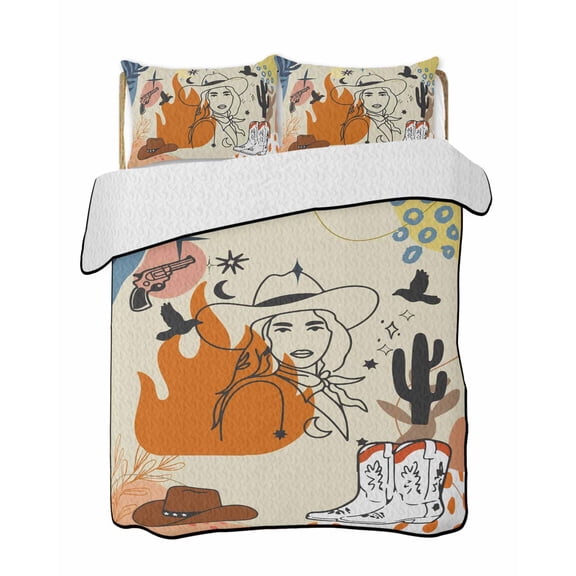 Western Cowboy Quilts Bedding Set King Size Cowgirl Cactus Animal Leaf Boho Vintage Lightweight Quilted Bedspread 3 Piece Bed Quilt with 2 Pillow Shams All Season for Bedroom 90" x 96"