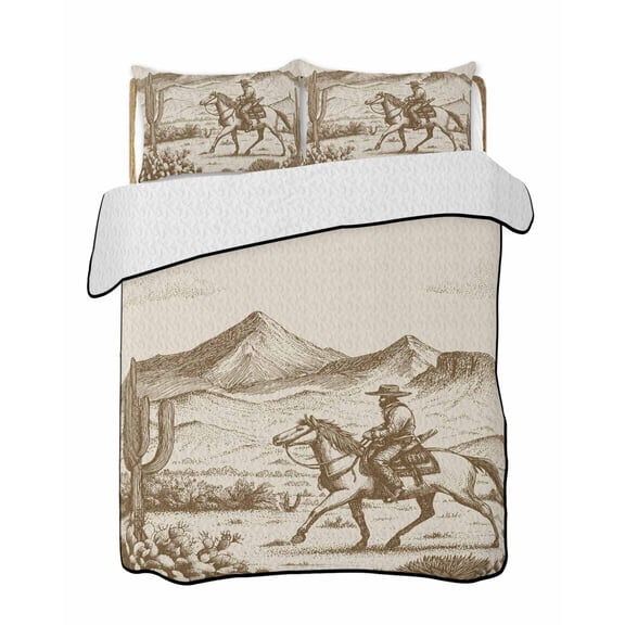 Western Cowboy Quilts Bedding Set King Size Retro Desert Cactus Horse Hills Brown Wood Grain Lightweight Quilted Bedspread 3 Piece Bed Quilt with 2 Pillow Shams All Season for Bedroom 90" x 96"