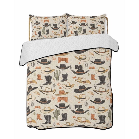 Western Cowboy Quilts Bedding Set Twin Size Boots Hat Lightweight Quilted Bedspread 3 Piece Bed Quilt with 2 Pillow Shams All Season for Bedroom 68" x 86"