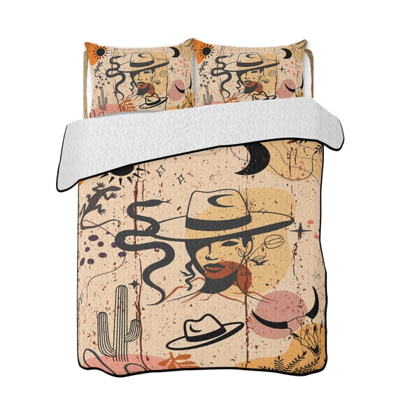 Western Cowboy Quilts Bedding Set Twin Size Cactus Cowgirl Animal Leaf Sun Boho Lightweight Quilted Bedspread 3 Piece Bed Quilt with 2 Pillow Shams All Season for Bedroom 68" x 86"