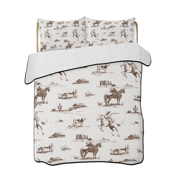 Western Cowboy Quilts Bedding Set Twin Size Retro Brown Desert Ethnic Horse Lightweight Quilted Bedspread 3 Piece Bed Quilt with 2 Pillow Shams All Season for Bedroom 68" x 86"