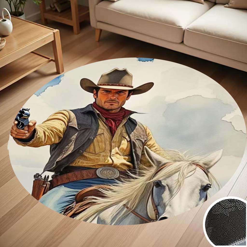 Western Cowboy Riding A White Horse Round Carpet Living Room Bedroom ...