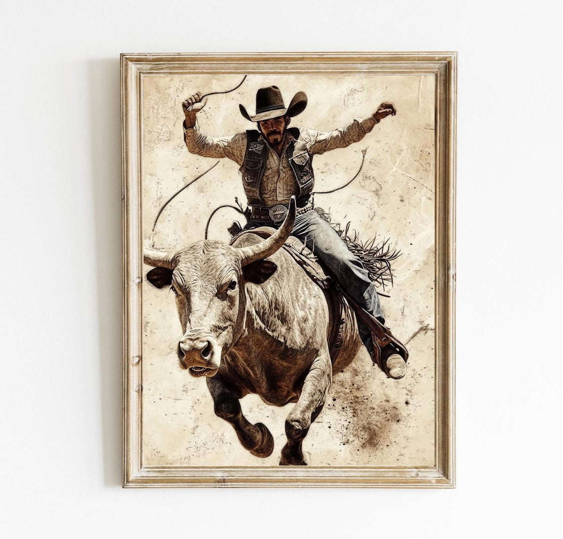 Western Cowboy Riding Bucking Bull Wall Art Print, Vintage Rodeo Decor ...