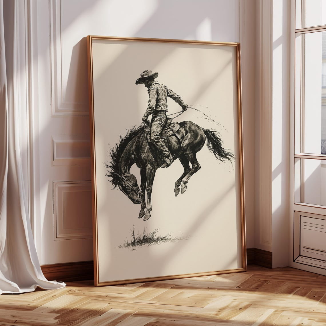 Young Rodo Schech Western Cowboy Riding A Bucking Horse – Vintage Rodeo Ink Drawing ...