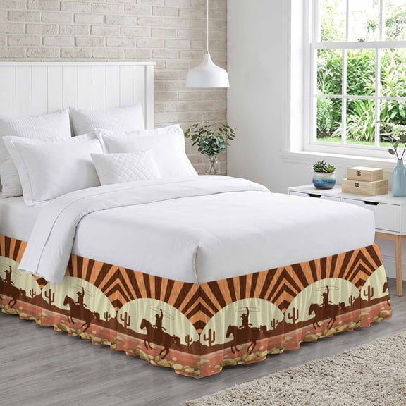Western Cowboy Riding Horse Bed Skirt King Size 16 Inch Drop, Hand-drawn Desert Cactus Adjustable Elastic Dust Ruffles Bedskirt for King Bed Wrap Around Pleated Mattress Frame Cover