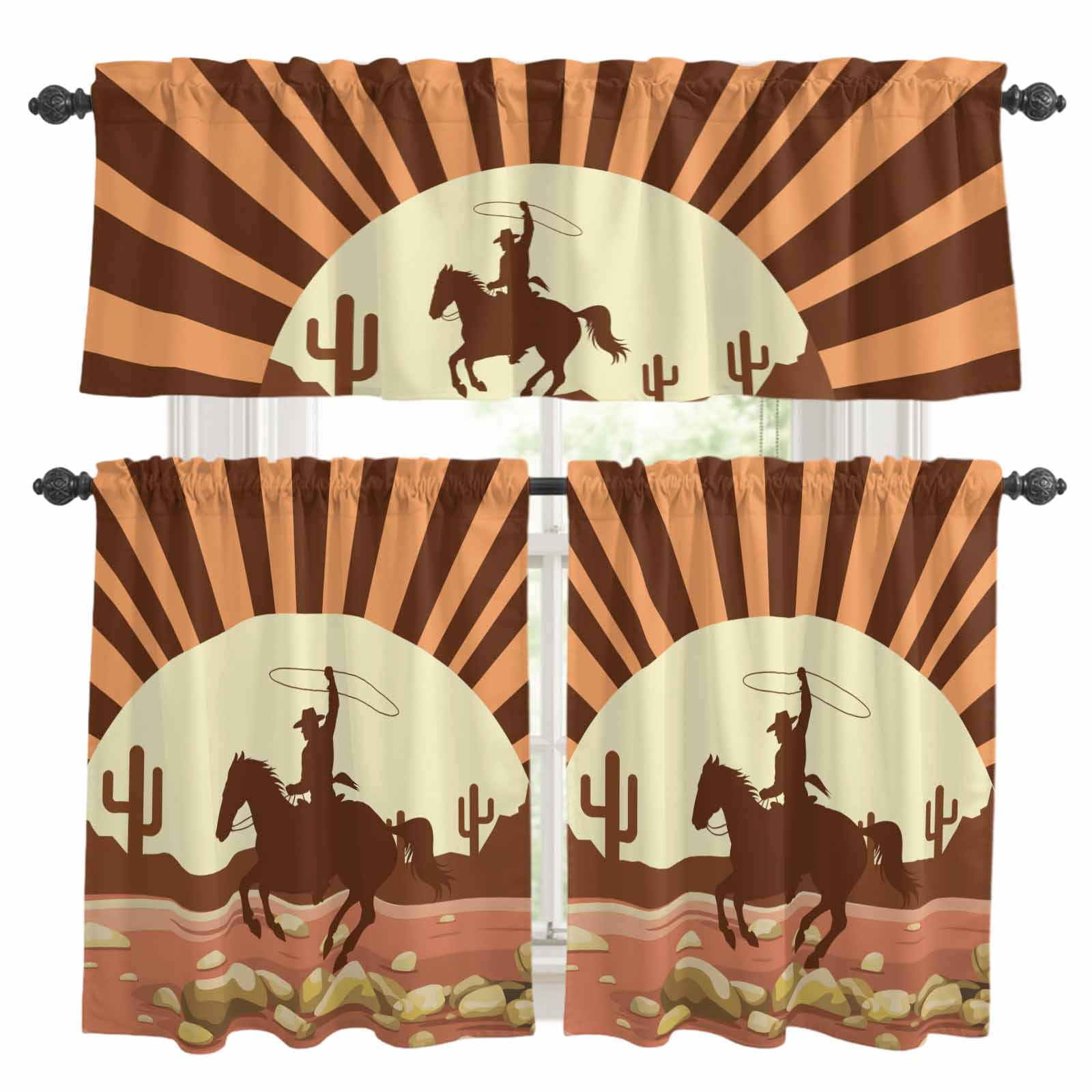 Western Cowboy Riding Horse Curtain Valances Set Hand-drawn Desert