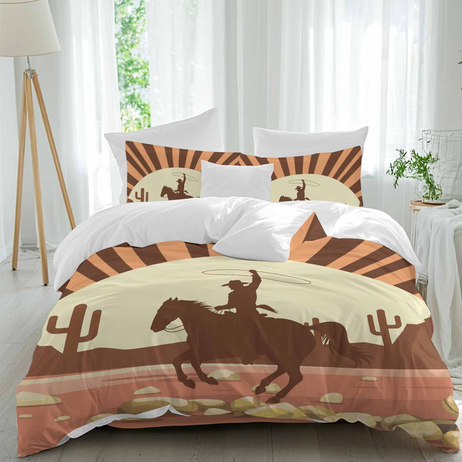 Western Cowboy Riding Horse Full Size Comforter Set, Hand-drawn Desert ...