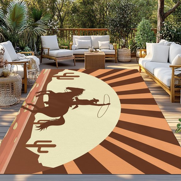 Western Cowboy Riding Horse Indoor Outdoor Rugs 5x8 Ft, Hand-drawn Desert Cactus Outdoor Patio Rugs Mat Washable Outside Area Rugs Carpet for Porch Deck RV Camping Pool Balcony Backyard