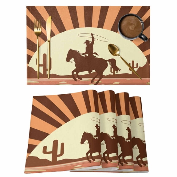Western Cowboy Riding Horse Placemats Set of 1 Hand-drawn Desert Cactus Heat Insulation Washable Place Mats, Rustic Non-Slip Table Mats for Dining Table Party Kitchen Decor,13x19 Inch