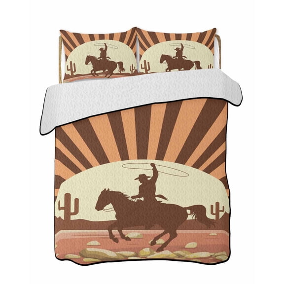 Western Cowboy Riding Horse Quilts Bedding Set California King Hand-drawn Desert Cactus Lightweight Quilted Bedspread 3 Piece Bed Quilt with 2 Pillow Shams All Season for Bedroom 96" x 106"