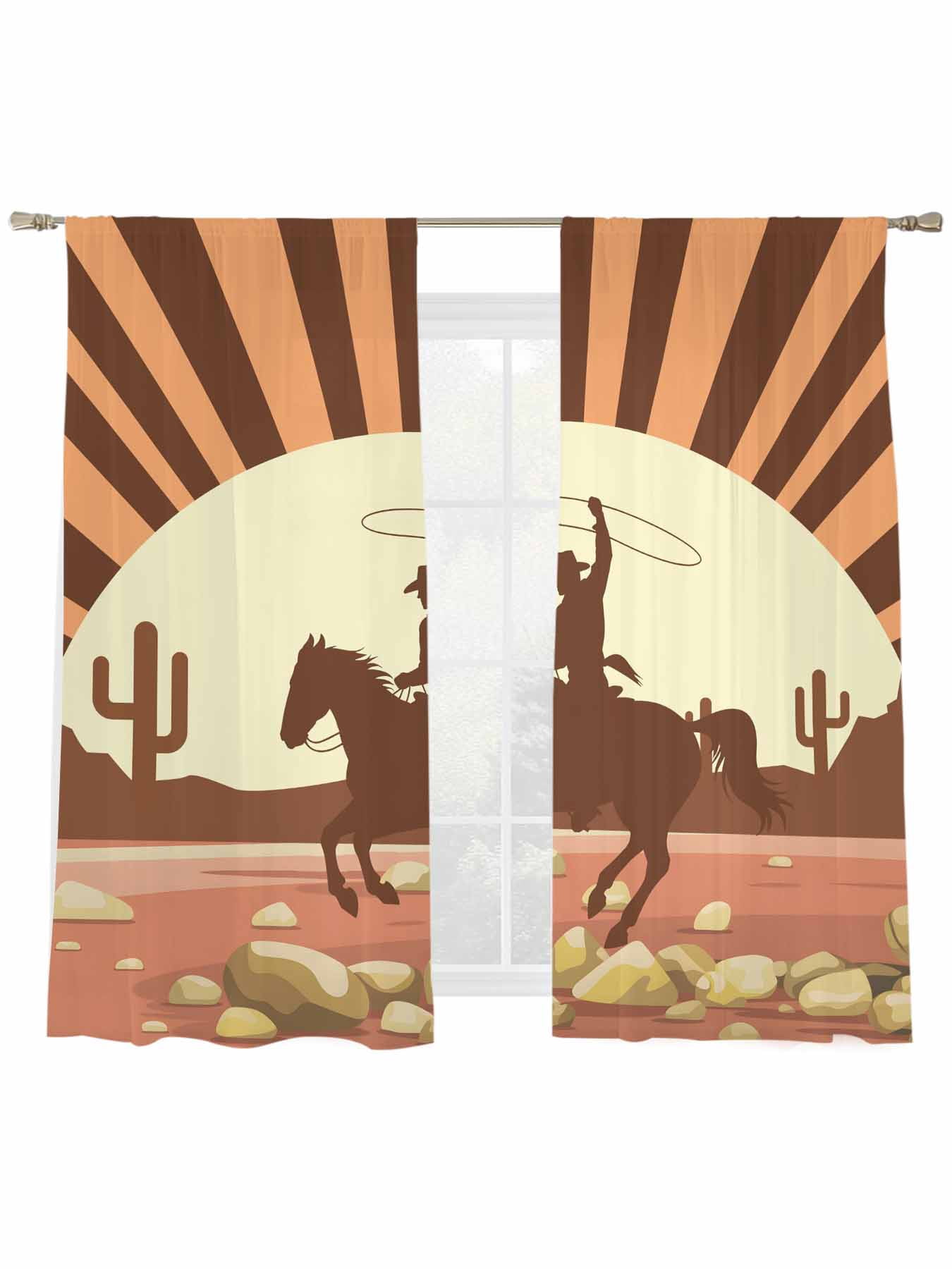 Western Cowboy Riding Horse Sheer Curtains 2 Panels Set Hand-drawn ...