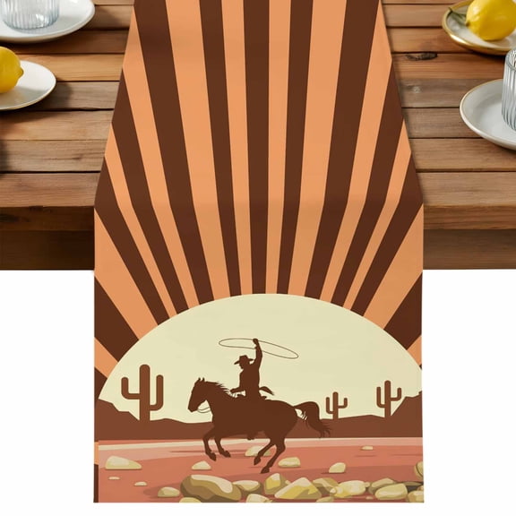 Western Cowboy Riding Horse Table Runner, Hand-drawn Desert Cactus Cotton Linen Table Cloth, Tablerunner for Kitchen Dining Party Wedding Home Decor 13x36 Inch