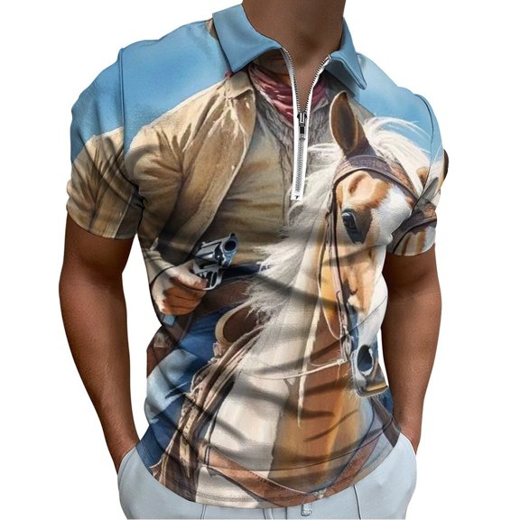 Western Cowboy Riding Men Zipper T-shirt Summer Casual Short Sleeve T-shirt Top