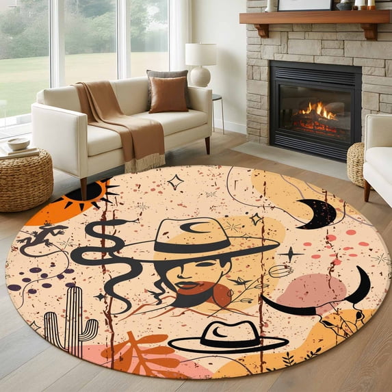 Western Cowboy Round Living Room Rugs 5 ft, Cactus Cowgirl Animal Leaf Sun Boho Washable Area Rug with Non-Slip Sturdy Edge Binding Round Carpet for Entryway Kitchen Bedroom Bathroom