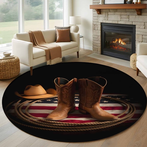 Western Cowboy Round Living Room Rugs 7 ft, Rustic Cowboy Boots Hats USA Flag Retro Rope Washable Area Rug with Non-Slip Sturdy Edge Binding Round Carpet for Kitchen Office Bedroom
