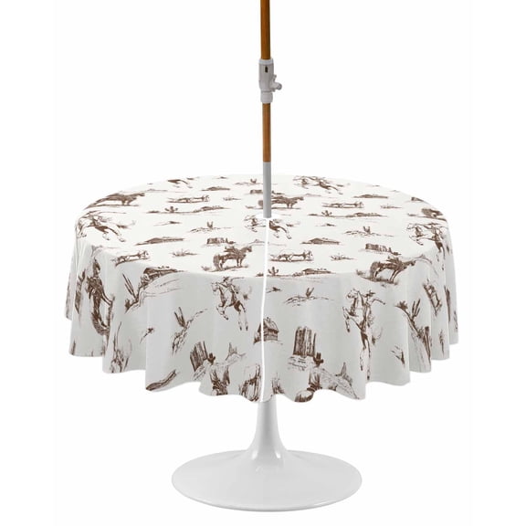 Western Cowboy Round Outdoor Tablecloth, Waterproof Table Cloth Cover with Umbrella Hole and Zipper, Retro Desert Cactus Country Cowboy Brown Table Protector for Patio Party Picnic 54" Round
