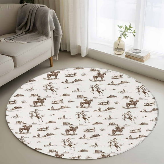 Western Cowboy Round Rug 3ft Washable Circle Entryway Rugs Non Slip Retro Desert Cactus Country Cowboy Brown Area Rug Indoor Floor Carpet for Bedroom Kitchen Living Room Office Dining Room Nursery