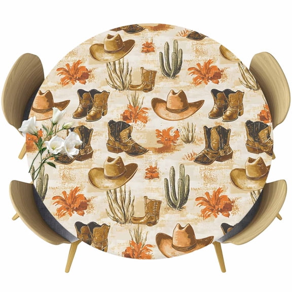 Western Cowboy Round Tablecloth 55-60 Inch Round Fitted Table Cloth with Elastic Edge, Vintage Brown Desert Botanical Waterproof Table Cover Protector for Outdoor Picnic Party Dining