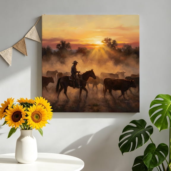 Western Cowboy Scenery Canvas Wall Art, Romantic Sunset Country Horse Bullfighter Cow Pictures Wall Decor Wooden Framed Artwork Art Prints for Living Room Hallway Bedroom Office 8"x8"