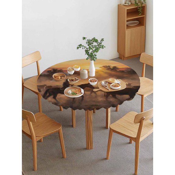 Western Cowboy Scenery Round Fitted Tablecloth with Elastic Edge, Romantic Sunset Country Horse Bullfighter Cow Waterproof Stretch Table Covers for 36"-44" Tables Wipeable Table Cloth for Outdoor