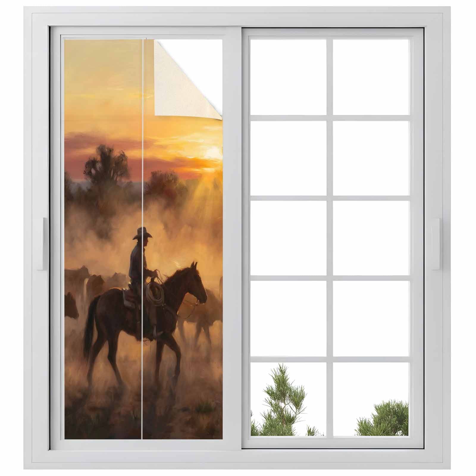 Western Cowboy Scenery Window Privacy Film, Romantic Sunset Country Horse Bullfighter Cow Frosted Glass Window Clings Static Cling UV Heat Blocking Reusable Door Sticker for Bathroom 23.6 x 59 Inch