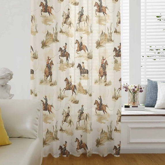 Western Cowboy Semi Sheer Curtains Drapes for Living Room, Bedroom, French Doors Window 63 Inches Long, Vintage Country Horse Plants Art Rod Pocket Chiffon Curtain Drapery Voile Draperies Panel
