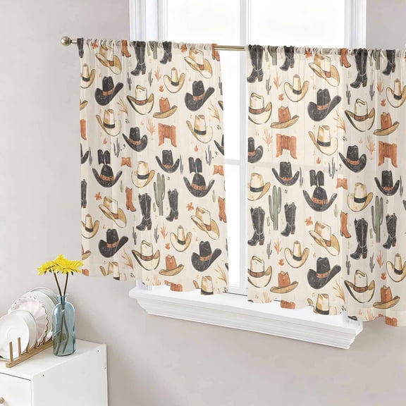 Western Cowboy Semi Sheer Window Curtains 45 Inches Long, Country Vintage Art Boots Desert Rod Pocket Voile Silky Chiffon Curtain Light Filtering Drapes for Living Room, Kitchen, 52"x45", 2 Panels