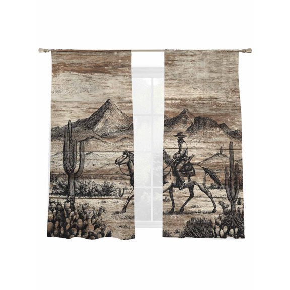 Western Cowboy Sheer Curtains 2 Panels Set Vintage Desert Cactus Horse Hills Brown Wood Grain Sheer Window Curtains Light Filtering Rod Pocket Voile Drapes for Bedroom Living Room 52"X72"