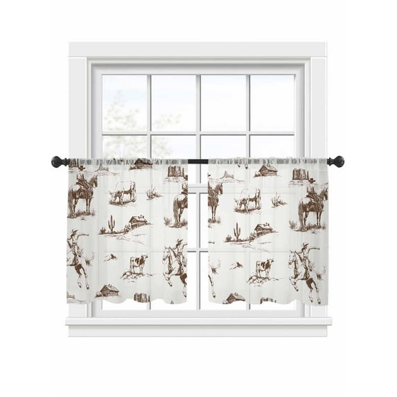 Western Cowboy Sheer Curtains 45 Inch Long 2 Panels, Retro Brown Desert Ethnic Horse Light Filtering Rod Pocket Semi Sheer Curtains, Sheer Voile Drapes for Living Room Bedroom, 52"x45"
