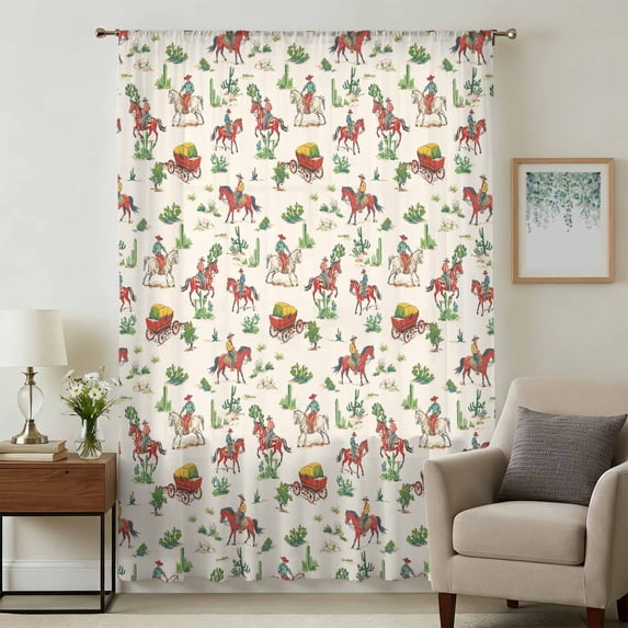 Western Cowboy Sheer Curtains 96 Inches Long, Horse Cactus Farmhouse Aesthetic Art Light Filering Curtains, Privacy Drapes Simi Floor to Veiling Curtain for Living Room Bedroom Large Window Treatment