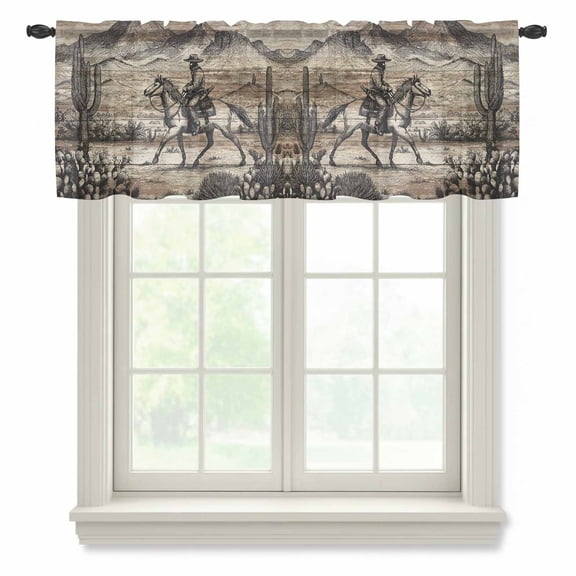 Western Cowboy Sheer Valances for Windows, Vintage Desert Cactus Horse Hills Brown Wood Grain Semi Sheer Kitchen Valance Rod Pocket Small Voile Window Curtains for Living Room Bedroom 42 x 12 Inch