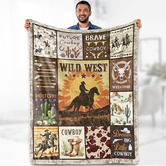 Western Cowboy Sherpa Blanket, Rustic Wild West Fleece Throw
