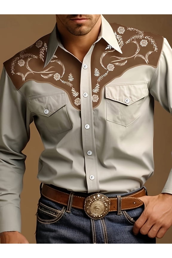 Men's Western Cowboy Shirt Embroidered Long Sleeve Slim Fit Casual Button Down Hippie Shirts with Pockets Beige 3XL