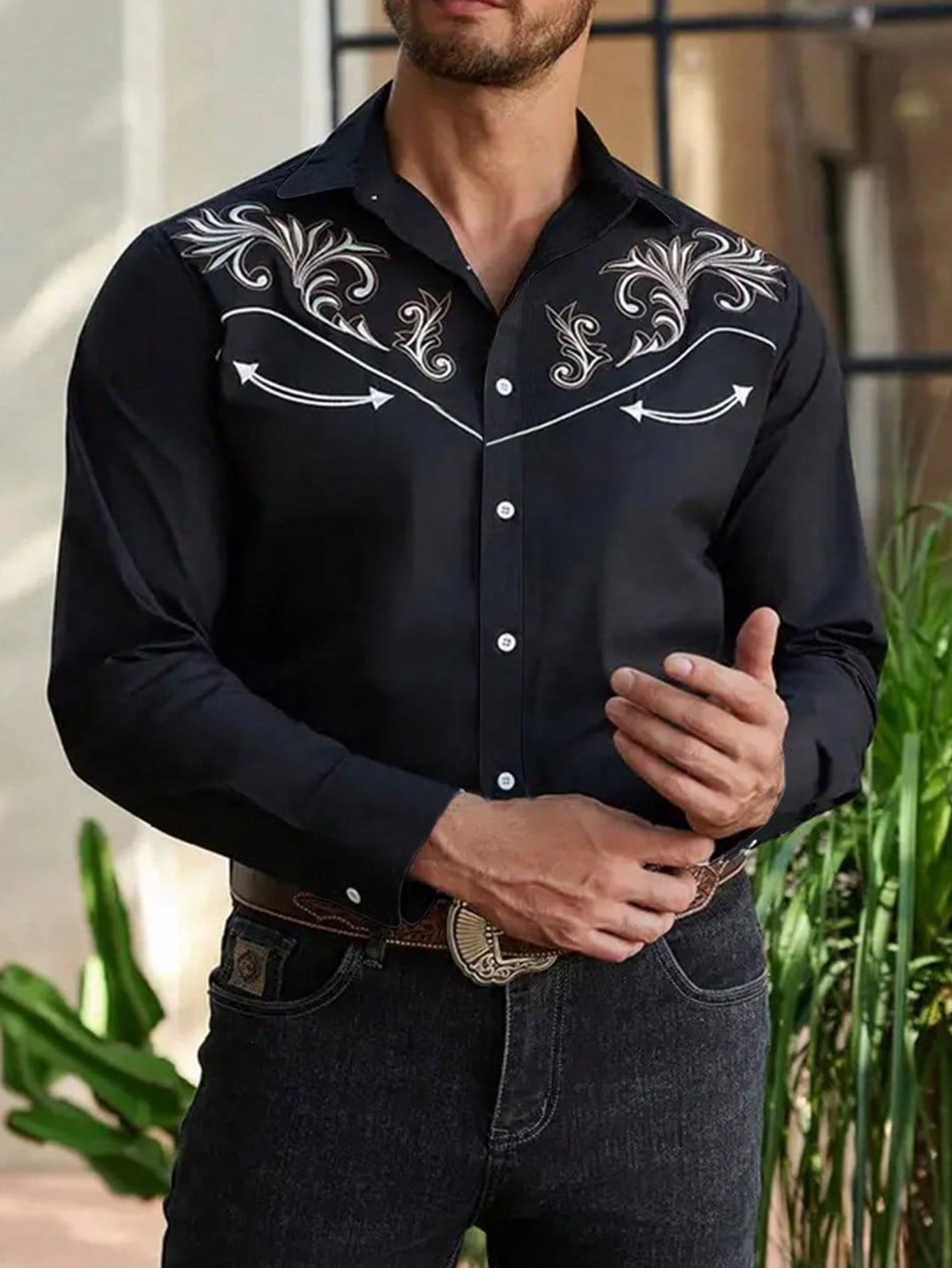 green emerald velvet dress Men’s Black & Silver Rose Embroidered Western Pearl Snap Cowboy Shirt