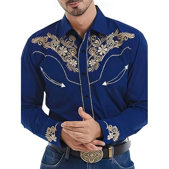 Western Cowboy Shirt For Men,Vintage Long Sleeve Embroidered Shirts Slim Fit Casual Button Down Shirt Men's Fall Spring Shirts Blue 3XL