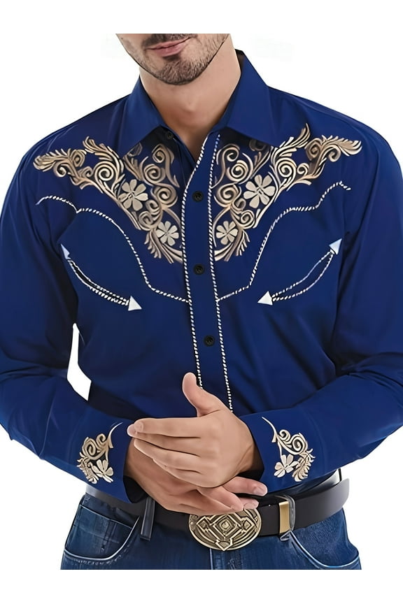 Western Cowboy Shirt For Men,Vintage Long Sleeve Embroidered Shirts Slim Fit Casual Button Down Shirt Men's Fall Spring Shirts Blue XXL