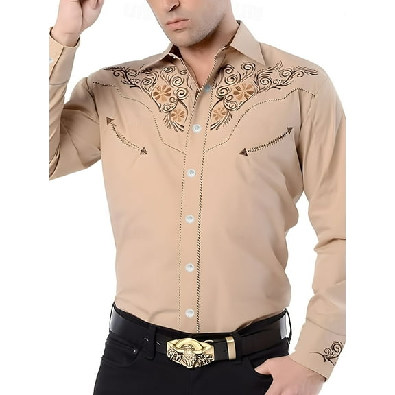 Western Cowboy Shirt For Men,Vintage Long Sleeve Embroidered Shirts Slim Fit Casual Button Down Shirt Men's Fall Spring Shirts Khaki XXL