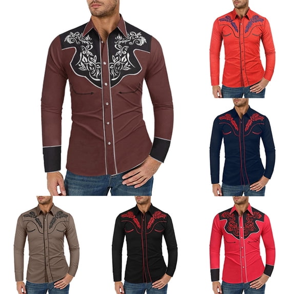 Western Cowboy Shirt Mens Embroidery Long Sleeve Button Up Denim Shirts Slim Spring Casual Watermelon Red XL