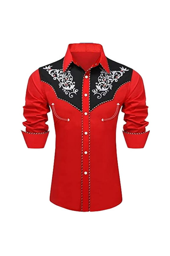 Western Cowboy Shirt for Men Embroidered Long Sleeve Pearl Snap Shirt Rhinestone Button Down Shirt Casual Red XL