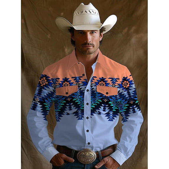 Western Cowboy Shirt for Men Floral Button Down Work T-Shirt Autumn Casual Shirt Jacket with Two Pockets Blue _XXXL