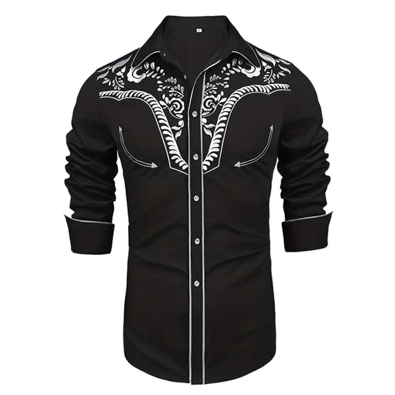 Western Cowboy Shirt for Men Long Sleeve Embroidered Button Down Shirts Slim Fit Spring Fall Black M
