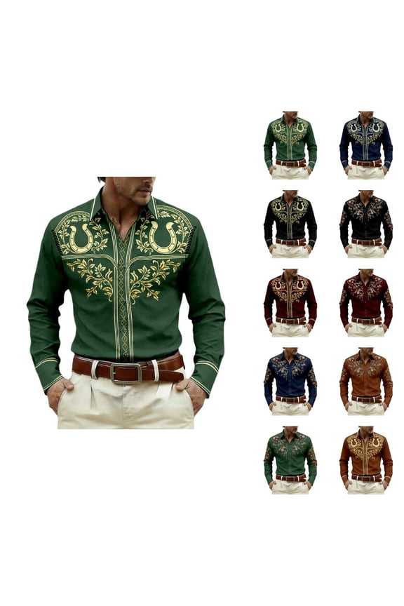 Western Cowboy Shirt for Men Retro Casual Long Sleeve Button Down Collared Shirt